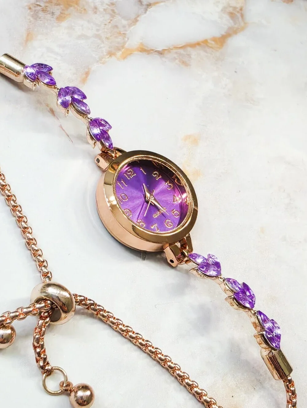 Elegant Purple Crystal Leaf Accent Watch Rose Gold Tone Adjustable Bolo Strap